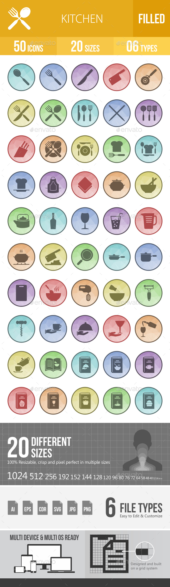 50 Kitchen Filled Low Poly Icons - Icons