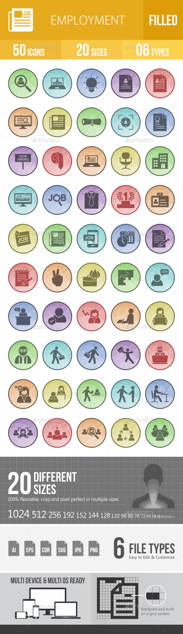 50 Employment Filled Low Poly Icons - Icons