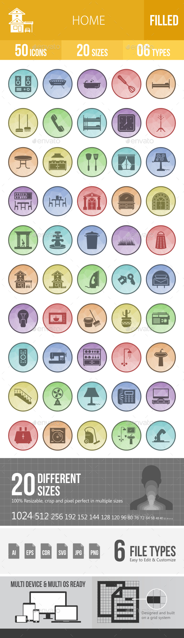 50 Home Filled Low Poly Icons - Icons