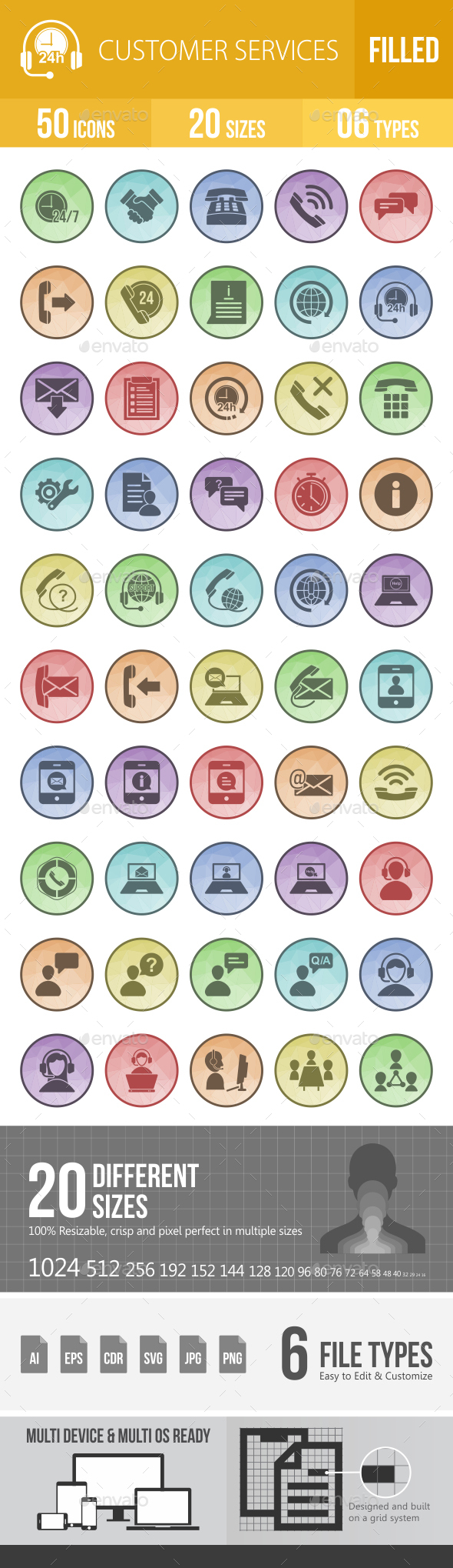 50 Customer Services Filled Low Poly Icons - Icons