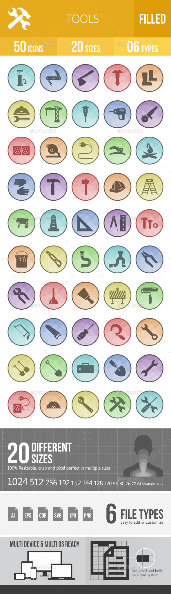 50 Tools Filled Low Poly Icons - Icons