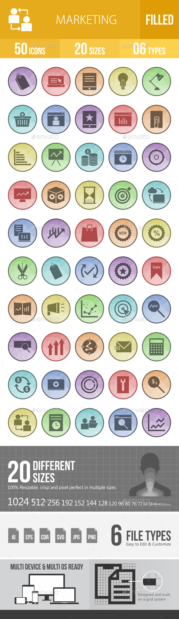 50 Marketing Filled Low Poly Icons - Icons