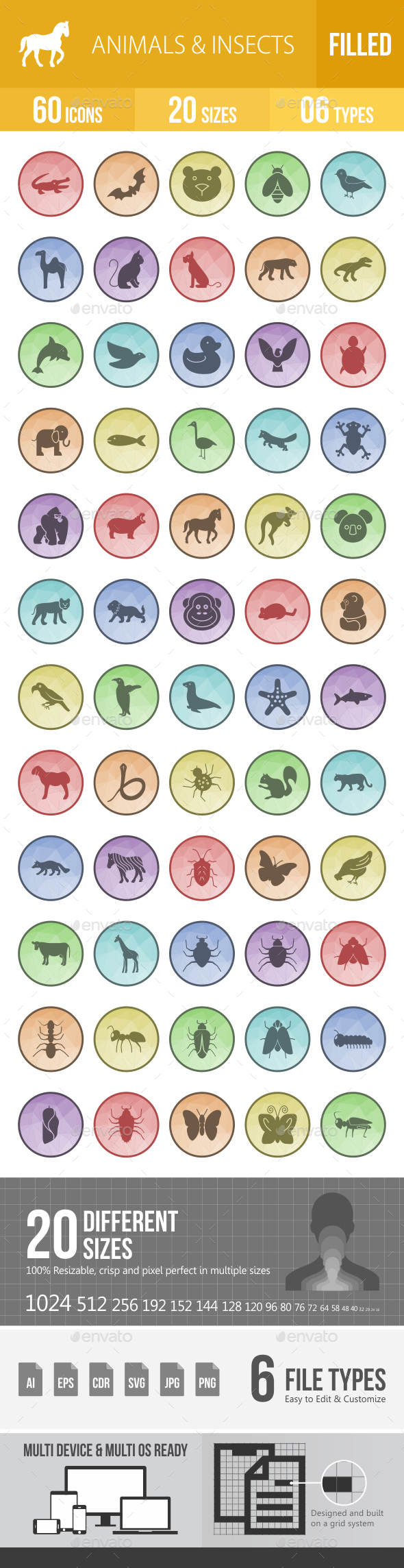 Animals & Insects Filled Low Poly B/G Icons - Icons