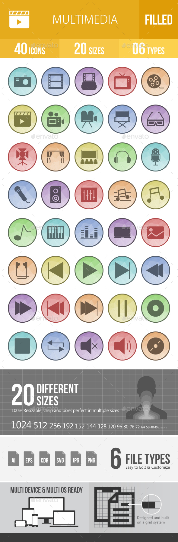Multimedia Filled Low Poly B/G Icons - Icons