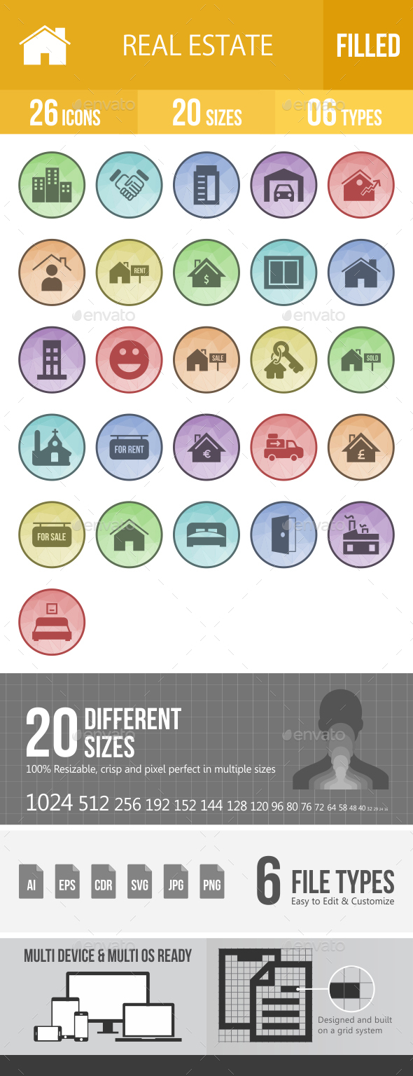 Real Estate Filled Low Poly B/G Icons - Icons