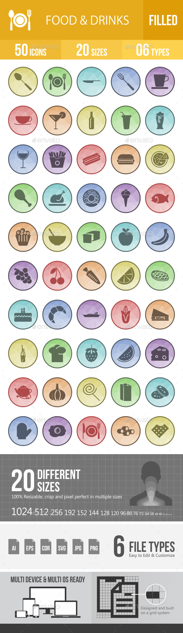 Food & Drinks Filled Low Poly B/G Icons - Icons