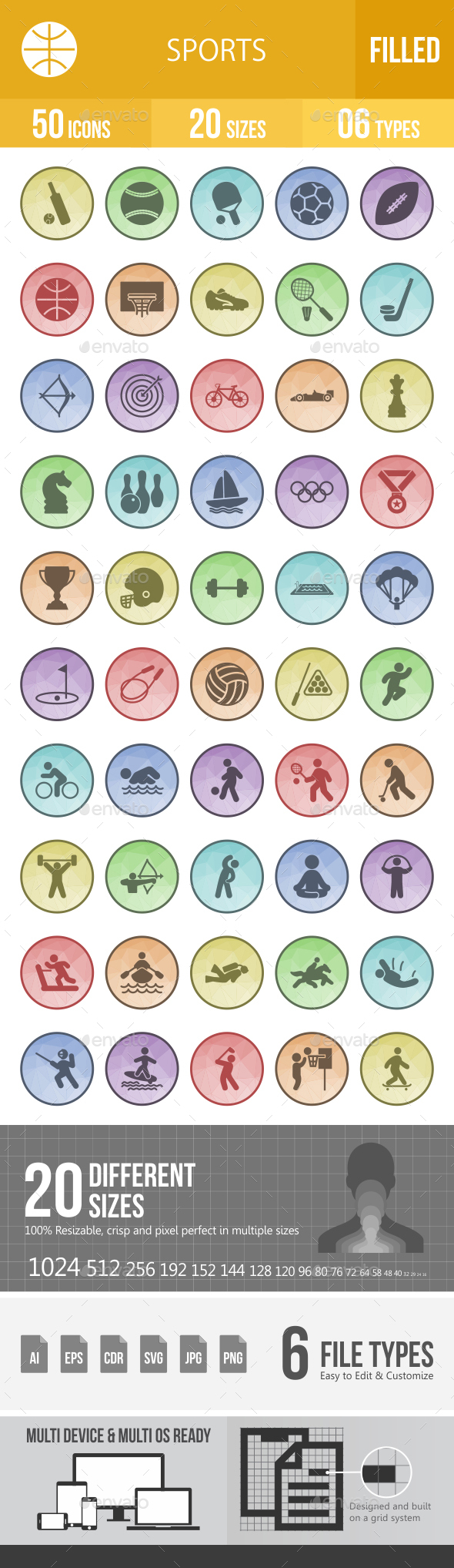 Sports Filled Low Poly B/G Icons - Icons
