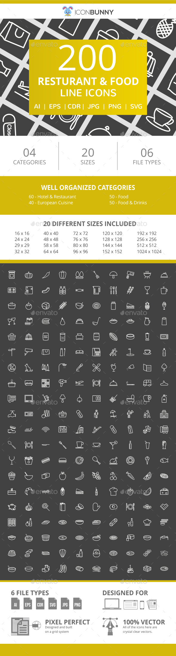 200 Restaurant & Food Line Inverted Icons - Icons