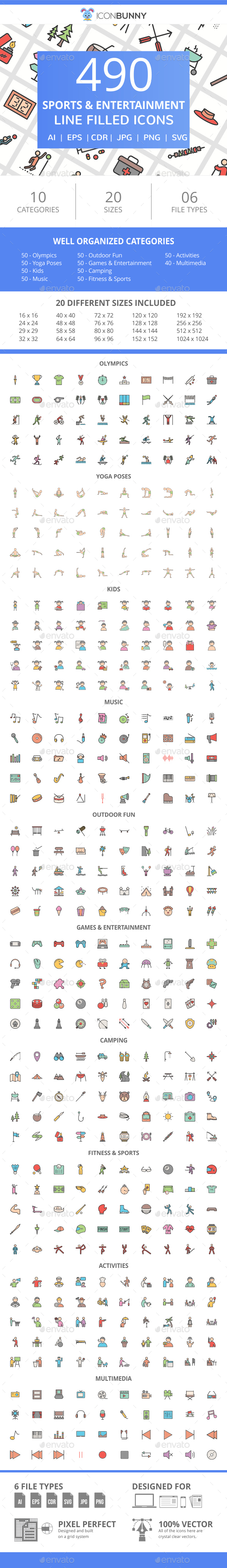 490 Sports & Entertainment Filled Line Icons - Icons