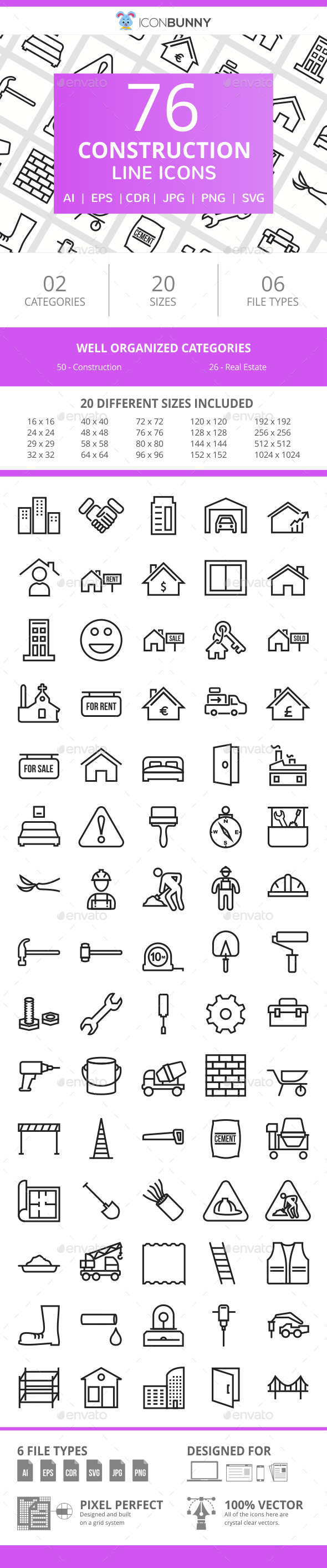 76 Construction Line Icons - Icons