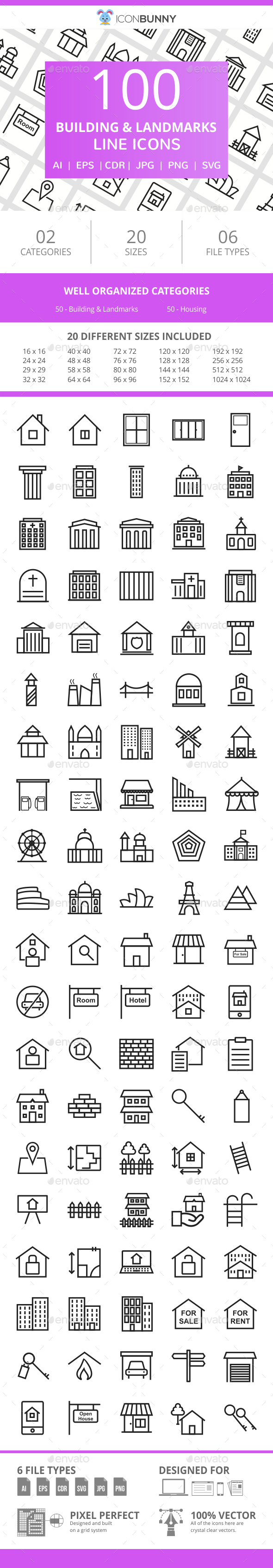 100 Building & Landmarks Line Icons - Icons