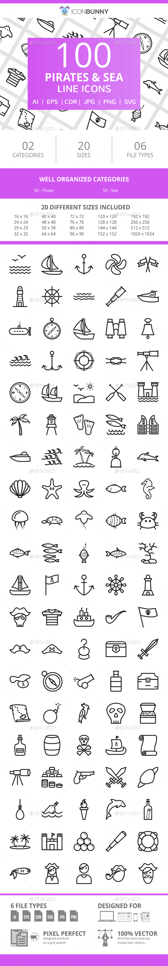 100 Pirate & Sea Line Icons - Icons