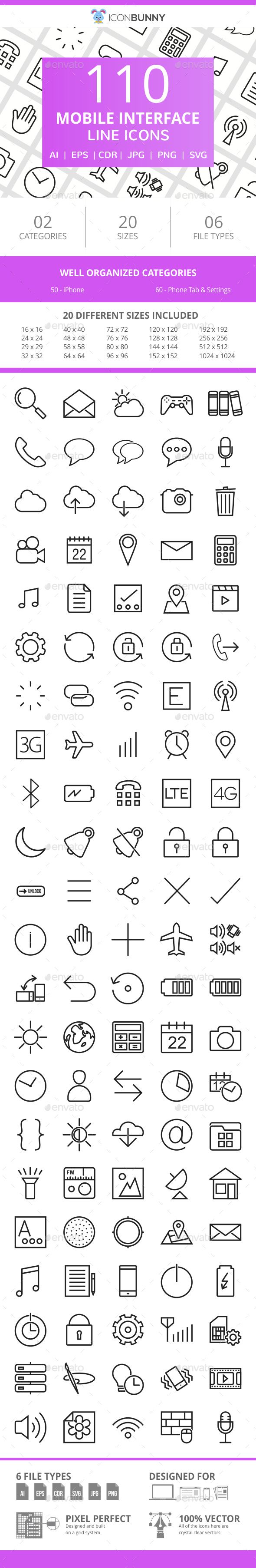 110 Mobile Interface Line Icons - Icons