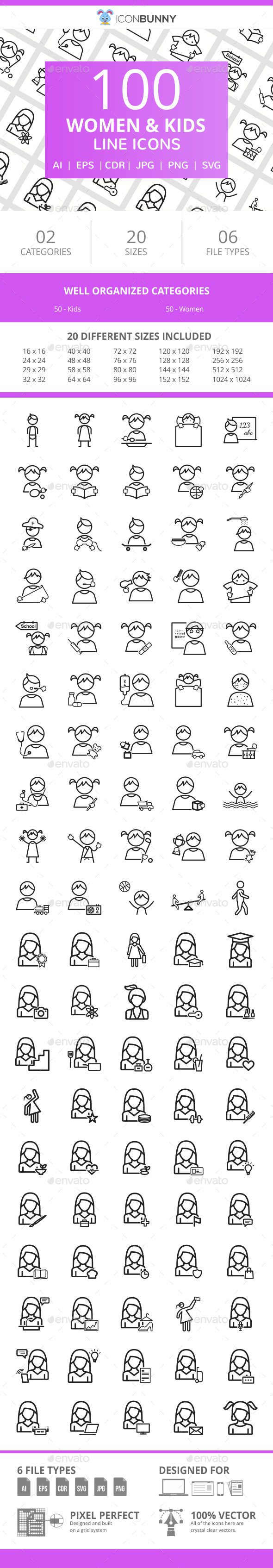 100 Women & Kids Line Icons - Icons