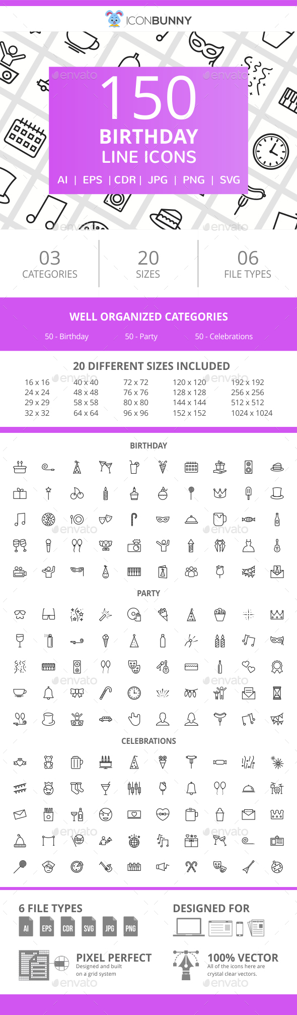 150 Birthday Line Icons - Icons