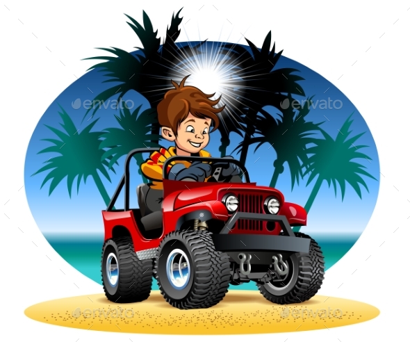 Vector Cartoon Boy Driving 4X4 Car on the Beach - Man-made Objects Objects
