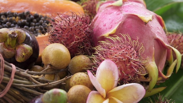 Assortment of Exotic Tropical Thai Fruit Including Papaya, Rambutan, Dragonfruit, Longan, Mangosteen alt