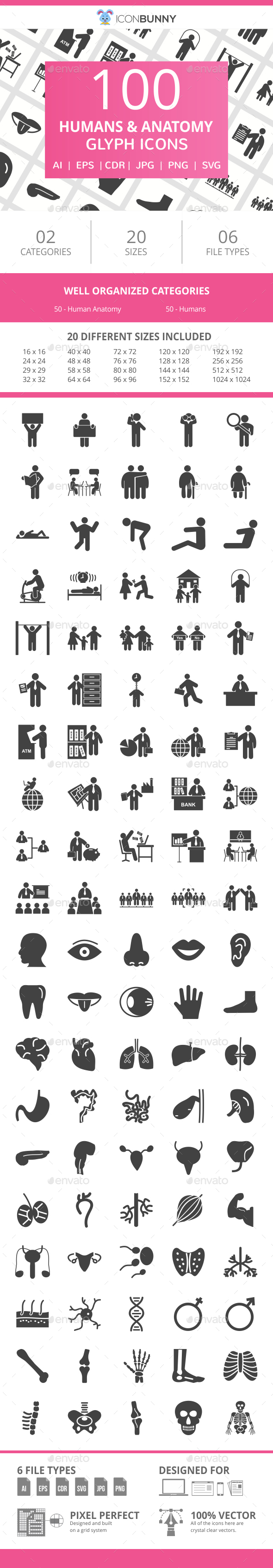 100 Humans & Anatomy Glyph Icons - Icons