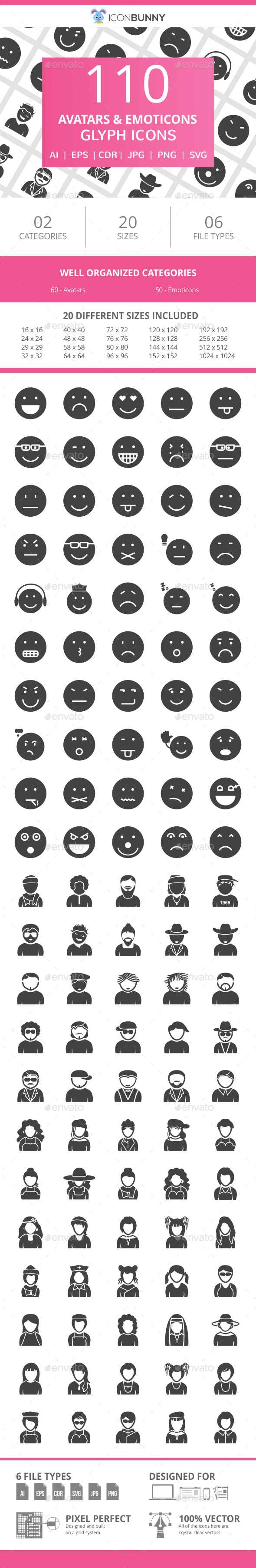 110 Avatars & Emoticons Glyph Icons - Icons