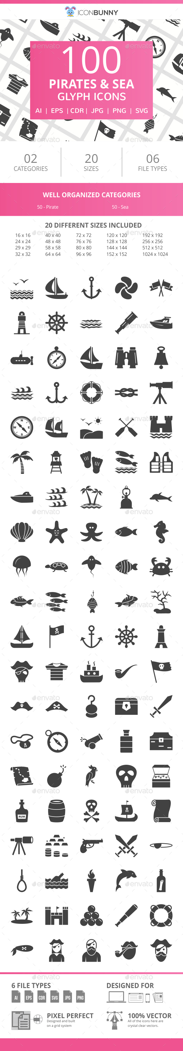 100 Pirate & Sea Glyph Icons - Icons