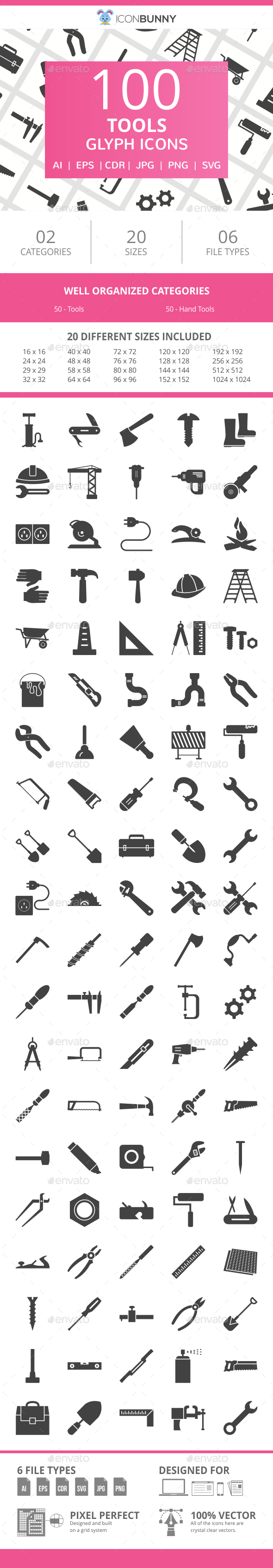 100 Tools Glyph Icons - Icons
