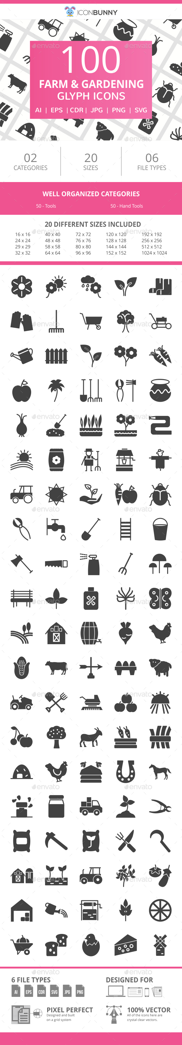 100 Farm & Gardening Glyph Icons - Icons