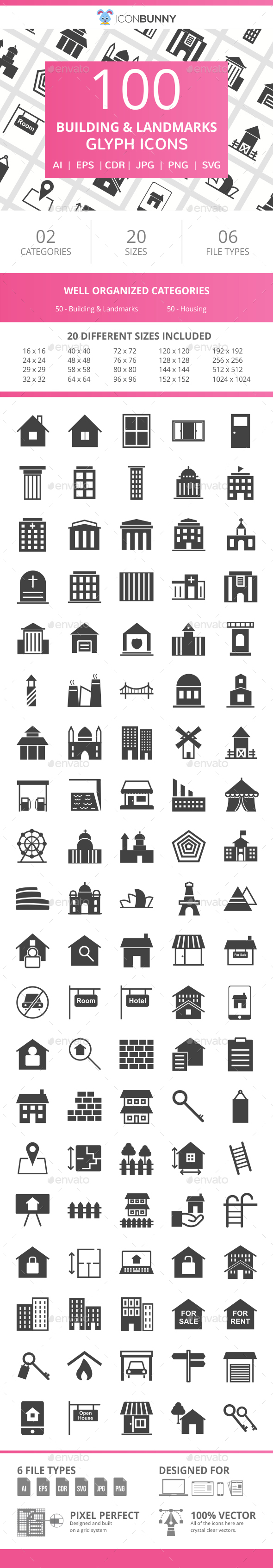 100 Building & Landmarks Glyph Icons - Icons