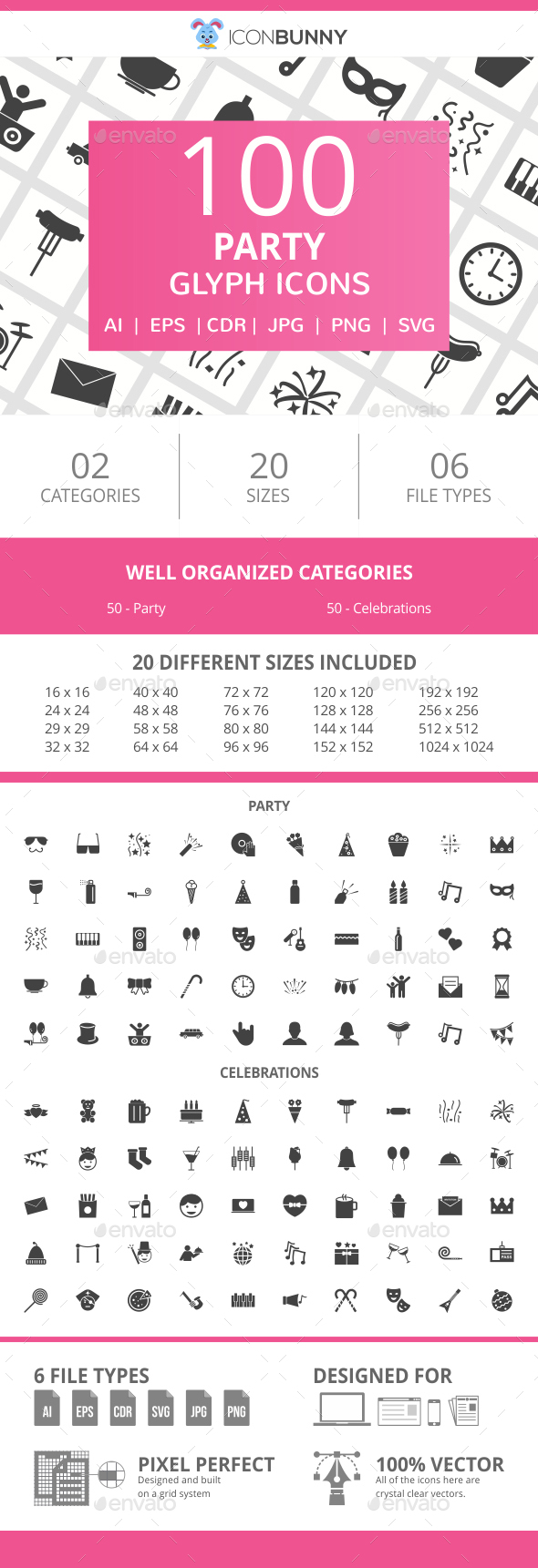 100 Party Glyph Icons - Icons