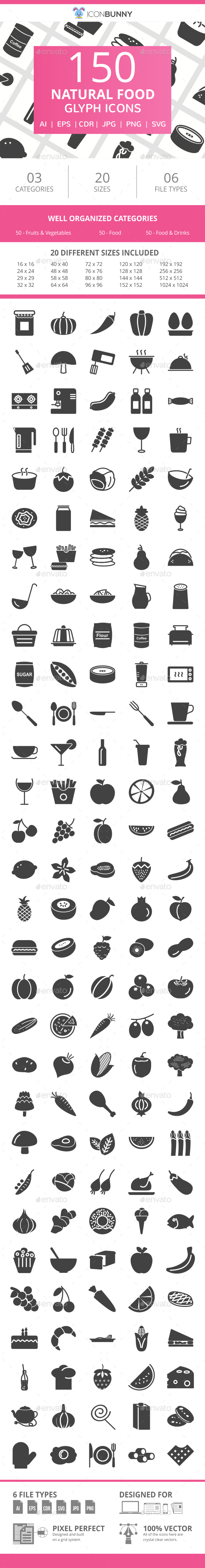 150 Natural Food Glyph Icons - Icons