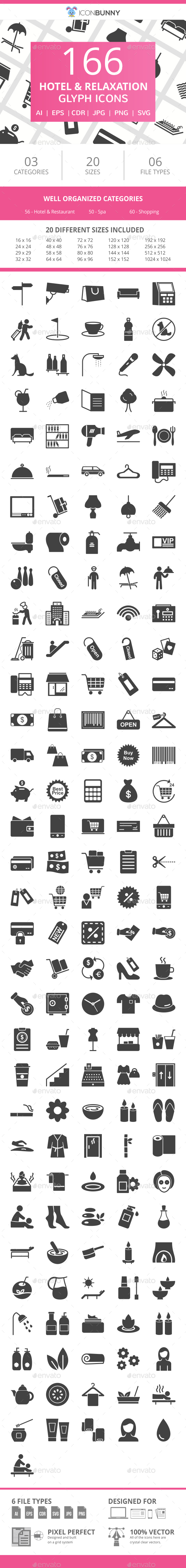 166 Hotel & Relaxation Glyph Icons - Icons