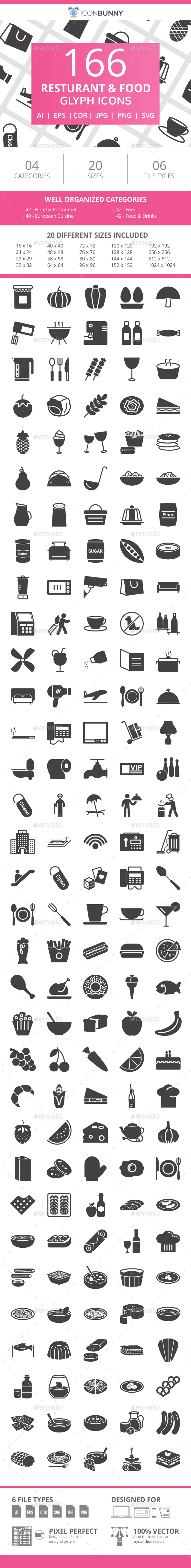 166 Restaurant & Food Glyph Icons - Icons