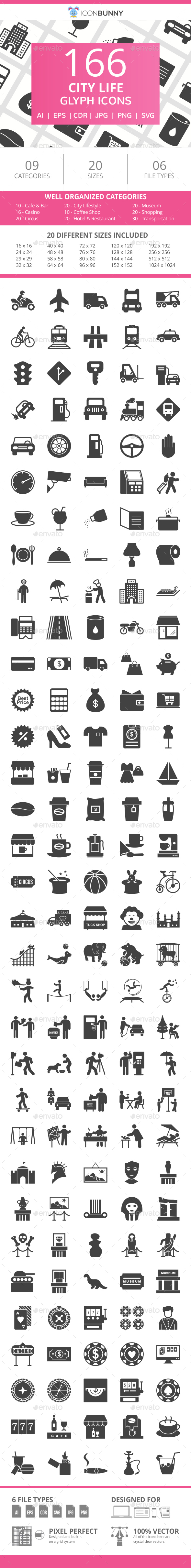 166 City Life Glyph Icons - Icons