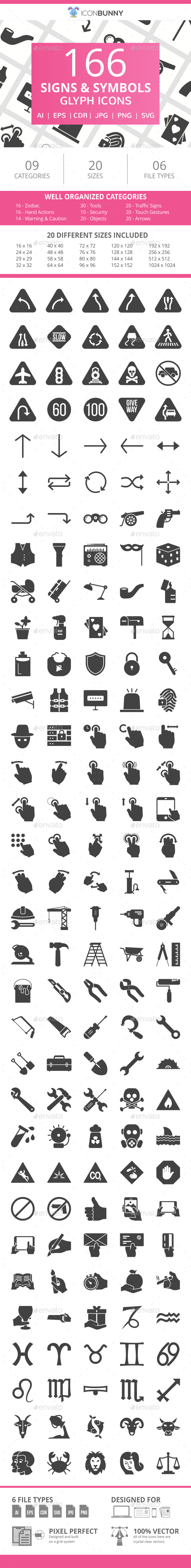 166 Signs & Symbols Glyph Icons - Icons