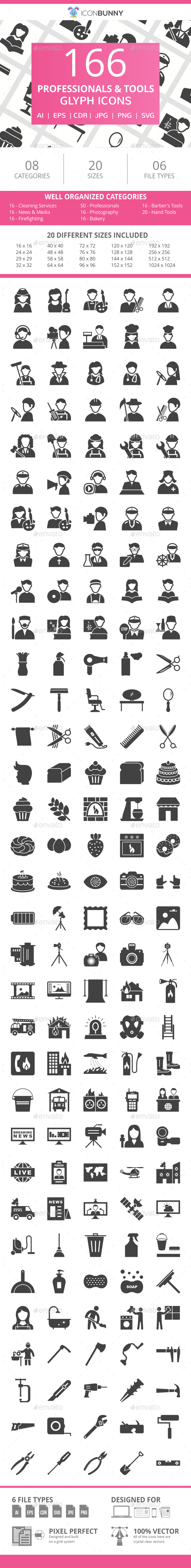 166 Professionals & their tools Glyph Icons - Icons