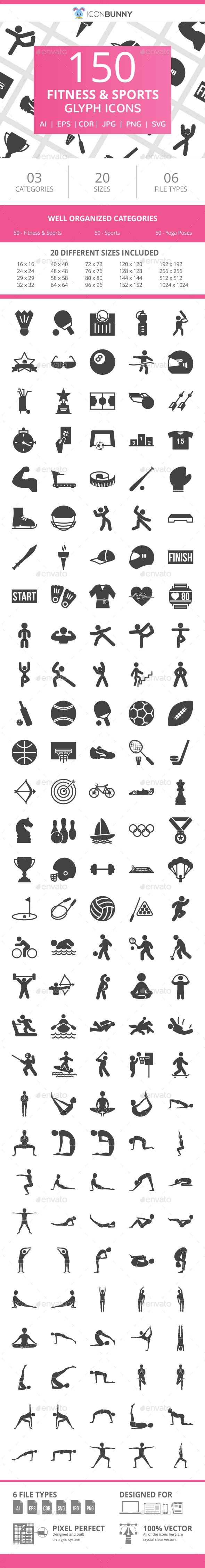 150 Fitness & Sports Glyph Icons - Icons