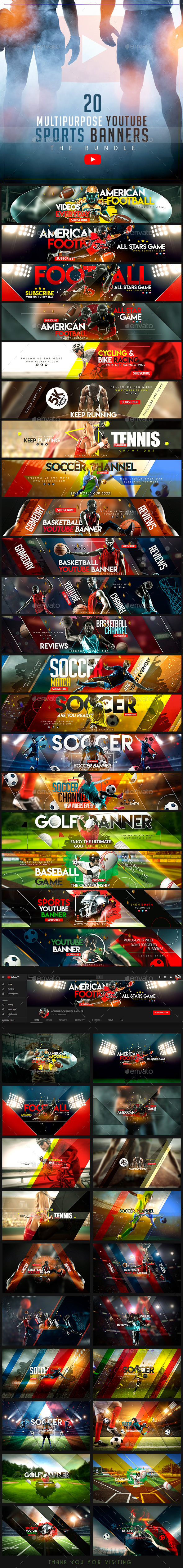 YouTube Sports Bundle - 20 Multipurpose Banners - YouTube Social Media