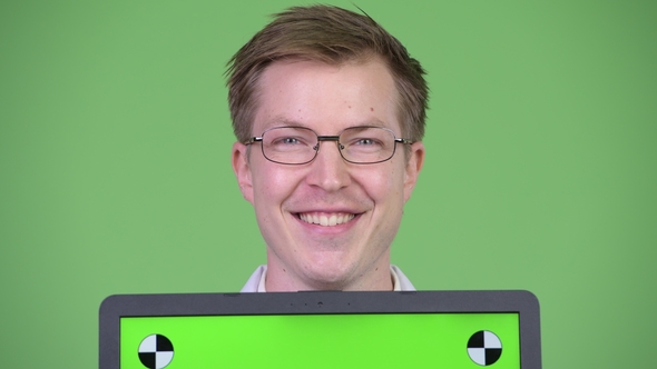 Happy Man Doctor Showing Chroma Key Green Screen Laptop Computer alt