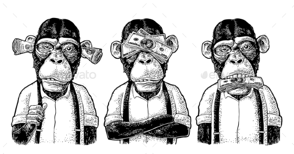 Three Wise Monkeys Not See, Not Hear, Not Speak - Animals Characters
