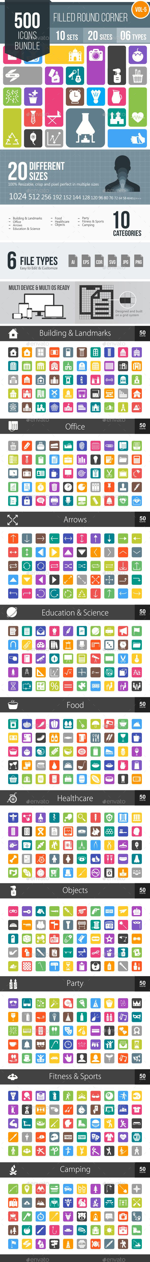 500 Vector Round Corner Colorful Flat Icons Bundle - Icons