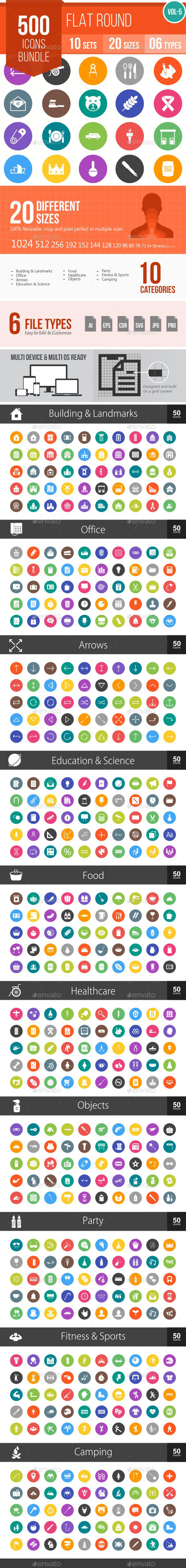 500 Vector Colorful Round Flat Icons Bundle - Icons