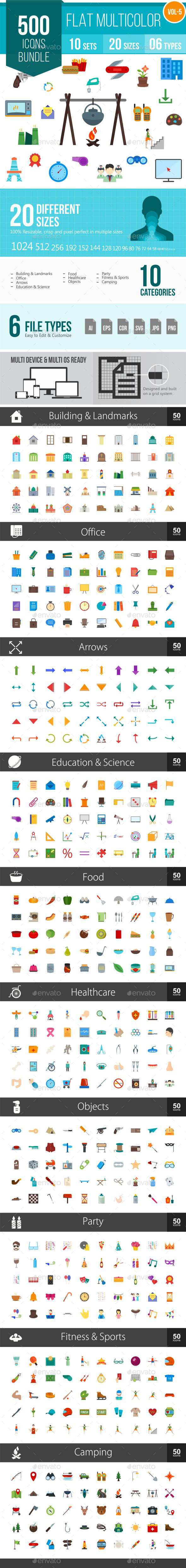 500 Vector Colorful Flat Icons Bundle - Icons