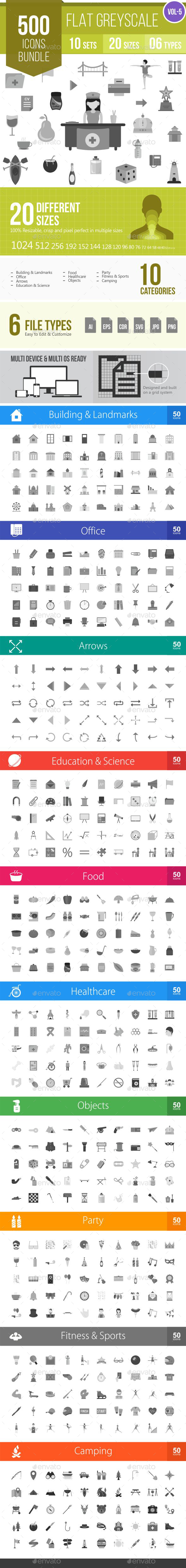 500 Vector Greyscale Flat Icons Bundle - Icons