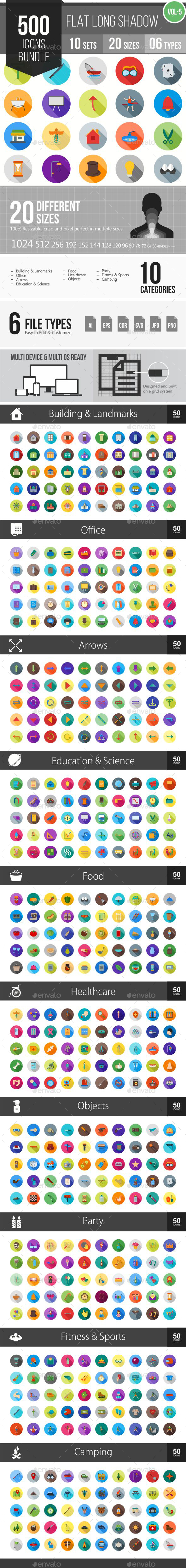 500 Vector Long Shadow Colorful Flat Icons Bundle - Icons