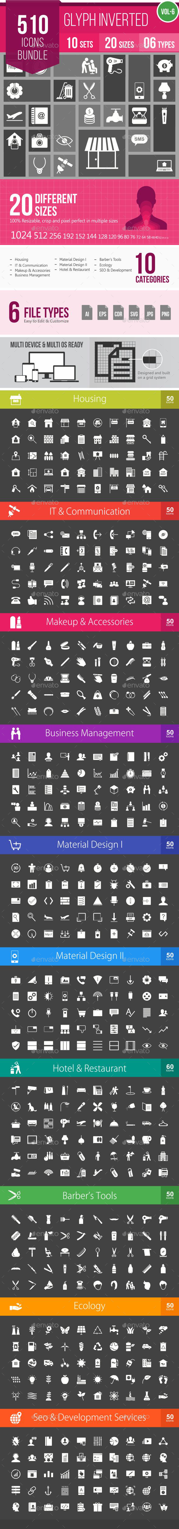 510 Vector Inverted Glyph Icons Bundle - Icons