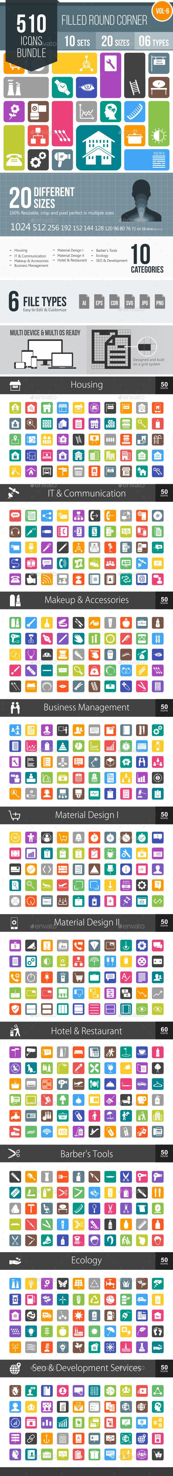 510 Vector Round Corner Colorful Flat Icons Bundle - Icons