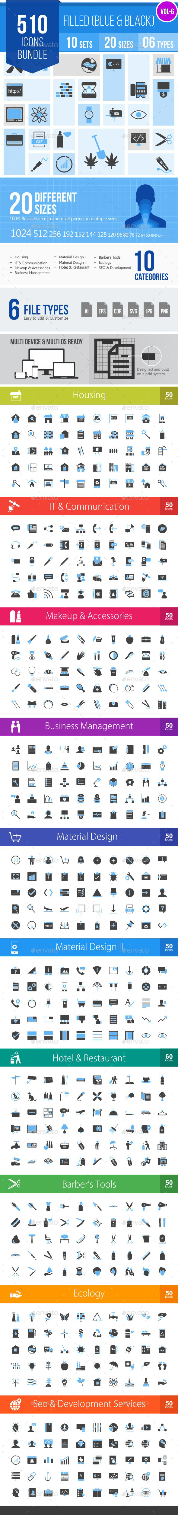 510 Vector Blue & Black Filled Icons Bundle - Icons
