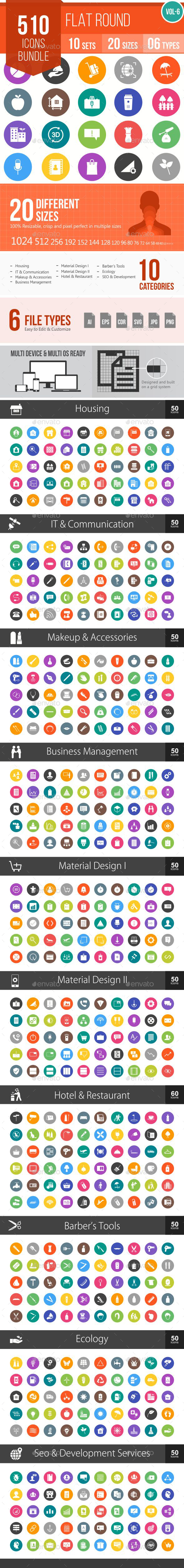 510 Vector Colorful Round Flat Icons Bundle - Icons