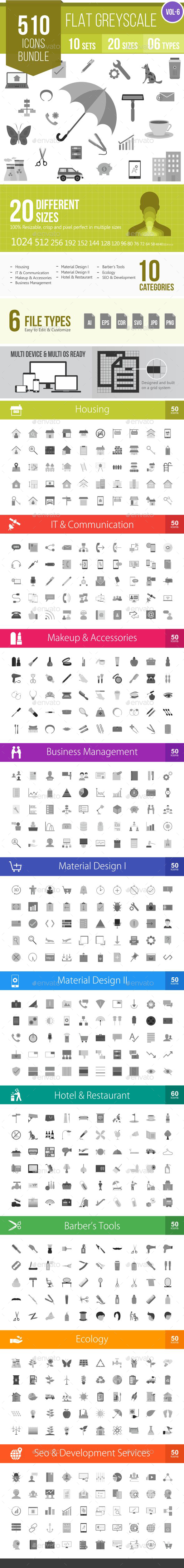 510 Vector Greyscale Flat Icons Bundle - Icons