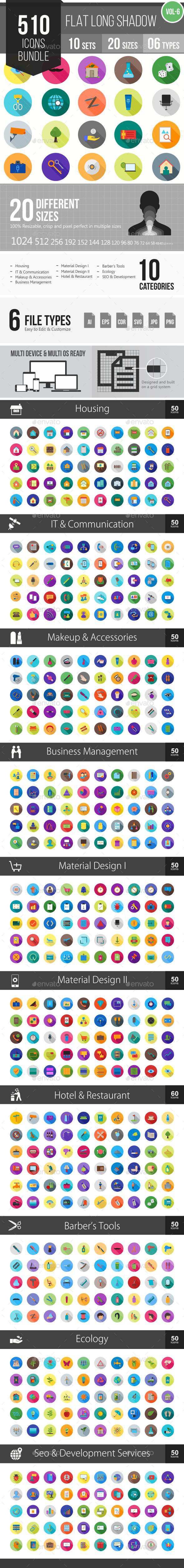 510 Vector Long Shadow Colorful Flat Icons Bundle - Icons