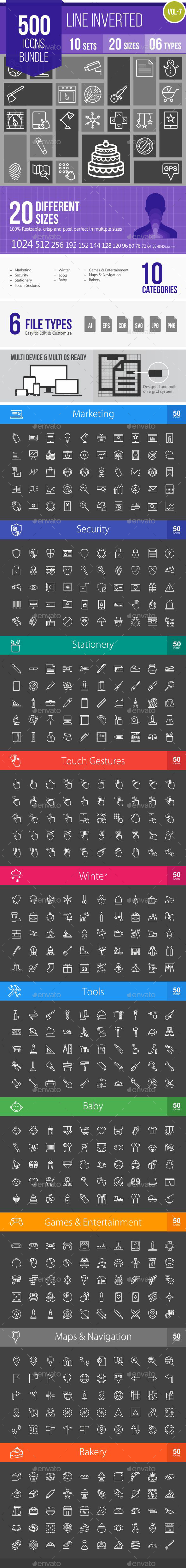 500 Vector Inverted Line Icons Bundle (Vol-7) - Icons